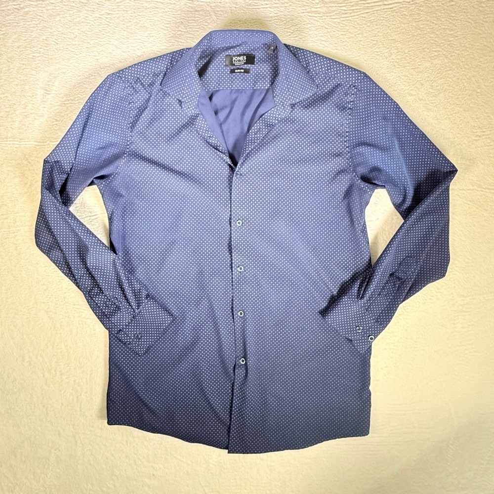 JONES NEW YORK SIGNATURE Men Slim Fit Blue Micro Dot Long Sleeve M 15-15.5 34-35